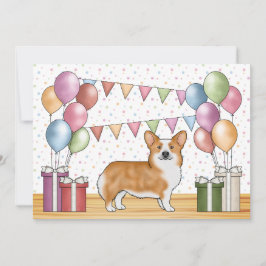 赤いペンブロークウェルシュコーギーのカラフルなパステル誕生日 招待状