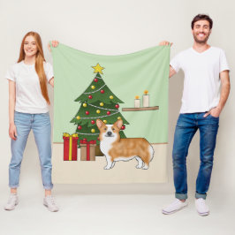 赤いペンブロークウェルシュコーギードッグとクリスマスツリー フリースブランケット