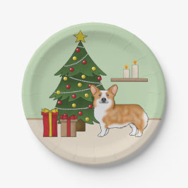 赤いペンブロークウェルシュコーギードッグとクリスマスツリー ペーパープレート