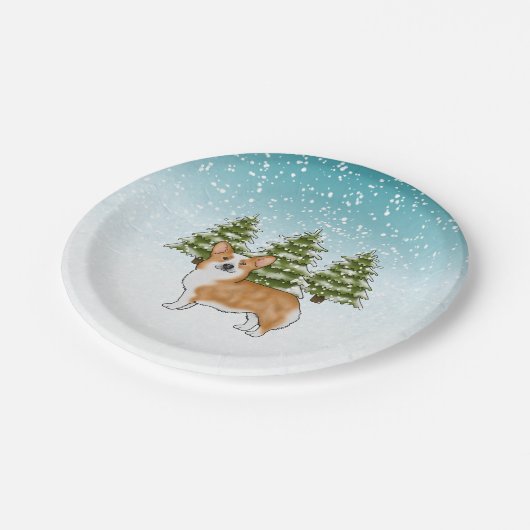 赤いペンブロークウェルシュコーギーブルーウィンタークリスマス ペーパープレート (アングル)