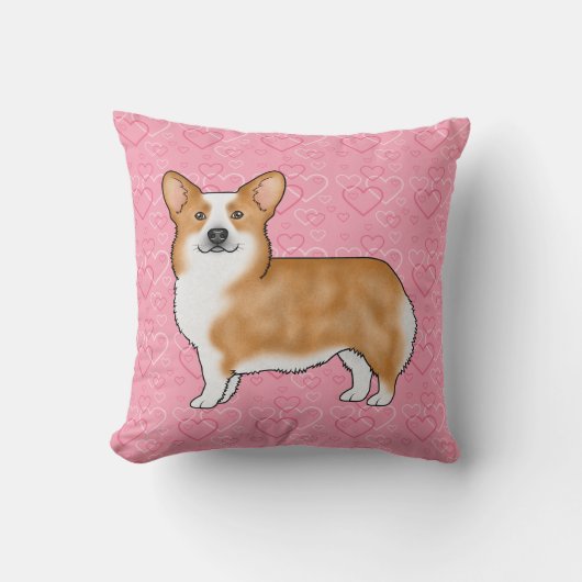 赤いペンブロークウェルシュコーギー愛ハートパターンピンク クッション (正面)
