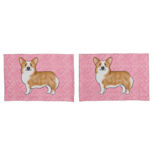 赤いペンブロークウェルシュコーギー愛ハートパターンピンク 枕カバー (フロントセット)