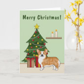 赤いペンブロークウェルシュコーギー犬とクリスマスツリー カード (黄色い花)