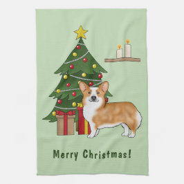 赤いペンブロークウェルシュコーギー犬とクリスマスツリー キッチンタオル