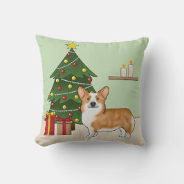 赤いペンブロークウェルシュコーギー犬とクリスマスツリー クッション