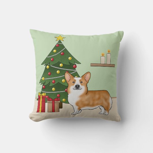 赤いペンブロークウェルシュコーギー犬とクリスマスツリー クッション (正面)