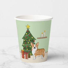 赤いペンブロークウェルシュコーギー犬とクリスマスツリー 紙コップ