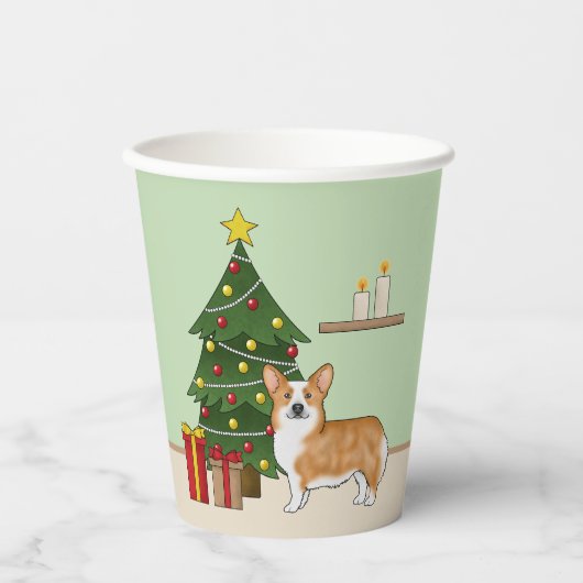 赤いペンブロークウェルシュコーギー犬とクリスマスツリー 紙コップ (正面)