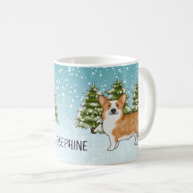 赤いペンブロークウェルシュコーギー 冬の森 クリスマス