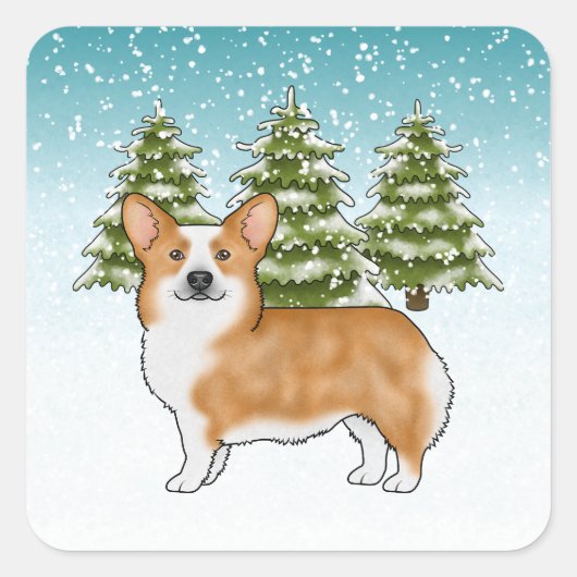 赤いペンブロークウェルシュコーギー 冬の森 クリスマス スクエアシール (正面)