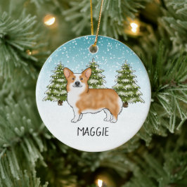 赤いペンブロークウェルシュコーギー 冬の森 クリスマス セラミックオーナメント