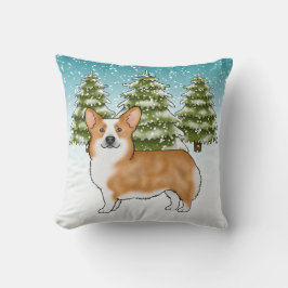 赤いペンブロークウェルシュコーギー 青い冬のクリスマス クッション