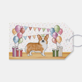 赤いペンブロークウェルシュコーギ パステルカラーで幸せな誕生日 ギフトタグ