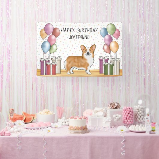 赤いペンブロークウェルシュコーギ パステルカラーで幸せな誕生日 横断幕 (パーティー)
