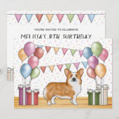 赤いペンブローク・ウェルシュ・コーギーのカラフルなパステル誕生日 招待状 (正面/裏面)