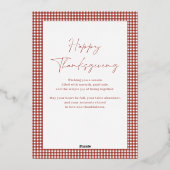 赤いホイルのギンガムサンクスギビング家族の写真 箔シーズンカード (裏面)