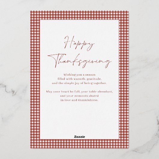 赤いホイルのギンガムサンクスギビング家族の写真 箔シーズンカード (裏面)