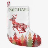 赤いホイルのトナカイの森林名前 スモールクリスマスストッキング (正面)