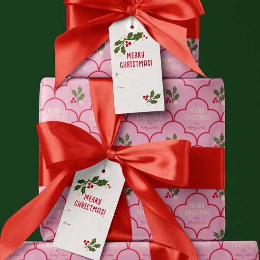 赤いホタテのタイルのクリスマススプリッグ ギフトタグ