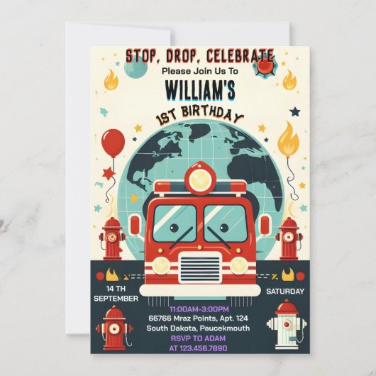 赤いホット消防車のエンジン安全の1日の誕生日と 招待状 (正面)