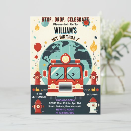 赤いホット消防車のエンジン安全の1日の誕生日と 招待状 (スタンド正面)