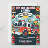 赤いホット消防車エンジン安全1歳の誕生日 招待状 (正面)