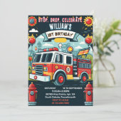 赤いホット消防車エンジン安全1歳の誕生日 招待状 (スタンド正面)