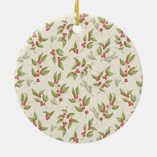 赤いホリエレガントーの果実グリーンフレームファミリーフォト セラミックオーナメント (裏面)