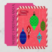 赤いホリデーオーナメントとキャンディーケーンのグリーティング シーズンカード (正面/裏面)