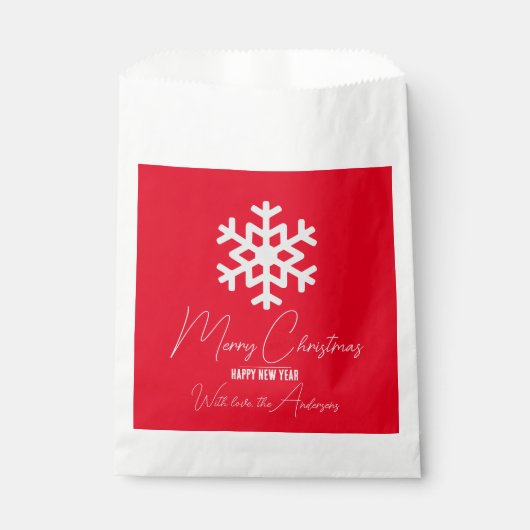 赤いホリデーシーズンのクリスマスと新年に白い雪の結晶 フェイバーバッグ (正面)