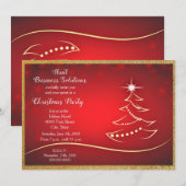 赤いホリデーパーティーのゴールドグリッタークリスマスツリー 招待状 (正面/裏面)