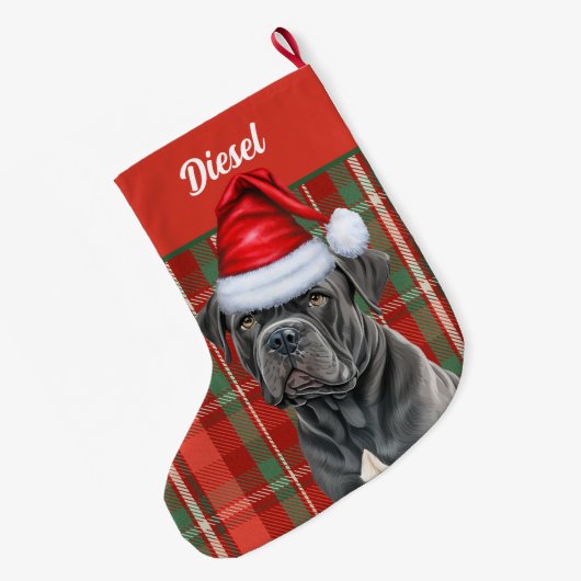 赤いホリデープレイド付きケインコルソパーソナライズされた犬 ラージクリスマスストッキング (裏面 (吊り時))
