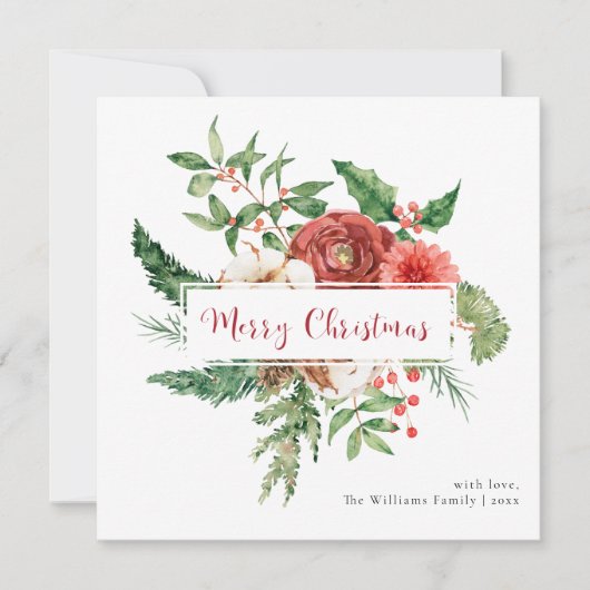 赤いホリデー 水彩植物の美しいクリスマスカード (正面)