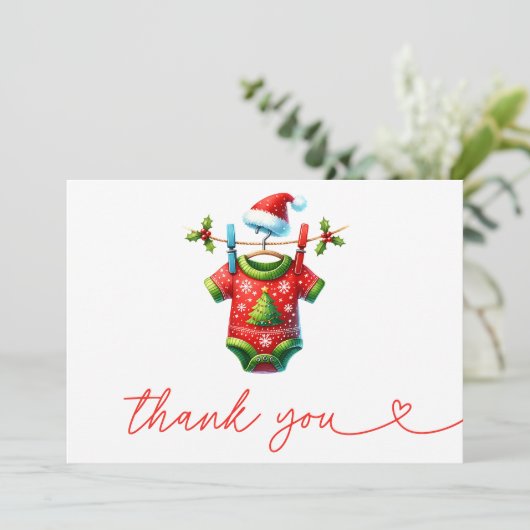赤いホリモダンークリスマスサンタ赤ちゃんシャワー サンキューカード (スタンド正面)