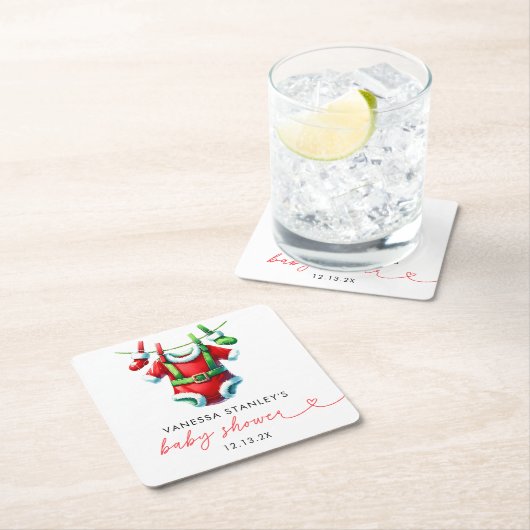 赤いホリモダンークリスマスサンタ赤ちゃんシャワー スクエアペーパーコースター (インサイチュ)