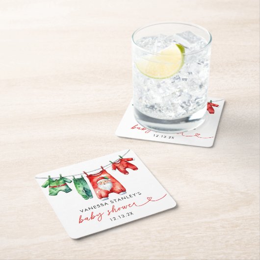 赤いホリモダンークリスマスサンタ赤ちゃんシャワー スクエアペーパーコースター (インサイチュ)