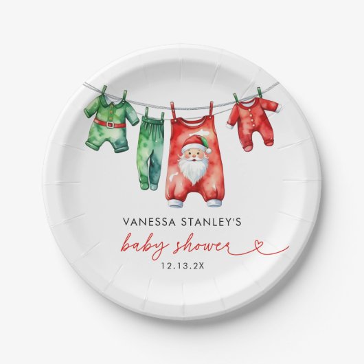 赤いホリモダンークリスマスサンタ赤ちゃんシャワー ペーパープレート (正面)