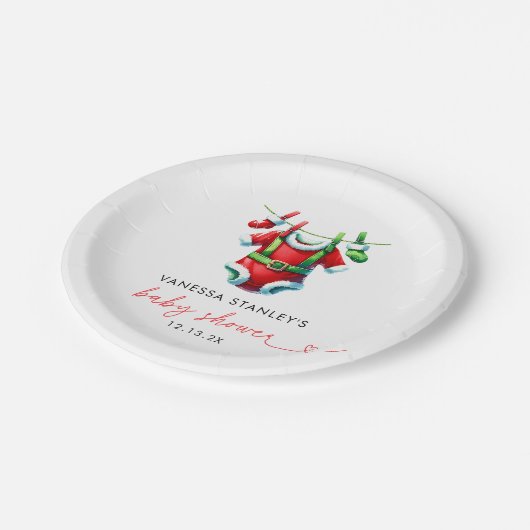 赤いホリモダンークリスマスサンタ赤ちゃんシャワー ペーパープレート (アングル)