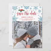 赤いホリーブルーの雪の結晶の写真クリスマス結婚の写真 セーブザデート (正面)
