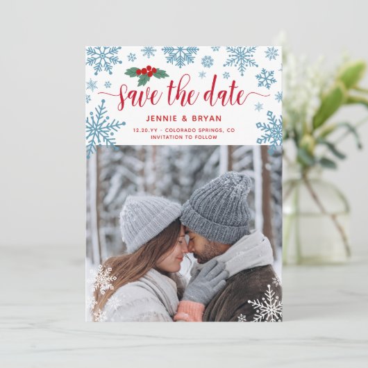 赤いホリーブルーの雪の結晶の写真クリスマス結婚の写真 セーブザデート (スタンド正面)