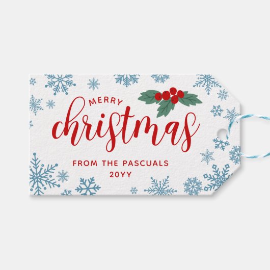 赤いホリーブルーの雪片がクリスマスを祝う ギフトタグ (正面(横))