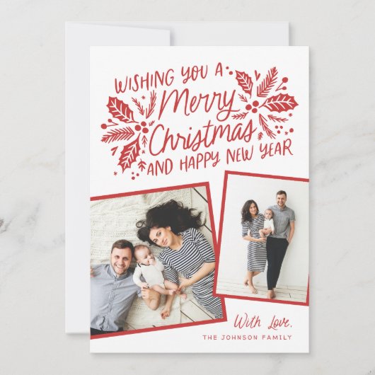 赤いホリー傾いたスナップショット2フォトクリスマス シーズンカード (正面)