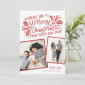 赤いホリー傾いたスナップショット2フォトクリスマス シーズンカード (スタンド正面)