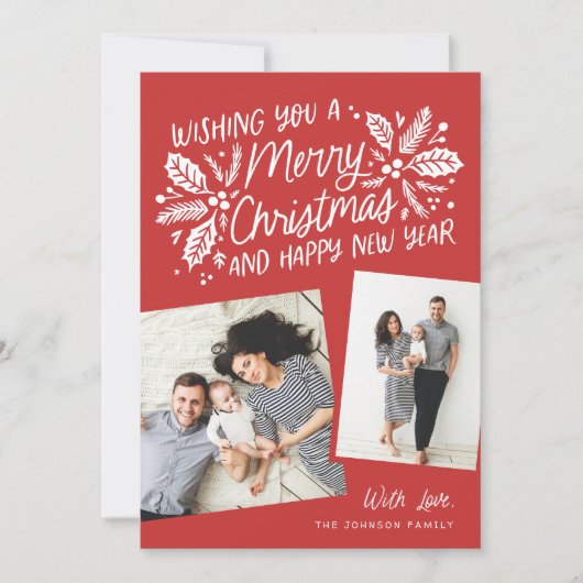 赤いホリー傾いたスナップショット2フォトクリスマス シーズンカード (正面)