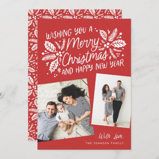 赤いホリー傾いたスナップショット2フォトクリスマス シーズンカード (正面/裏面)