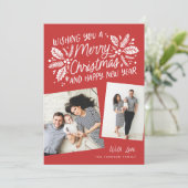 赤いホリー傾いたスナップショット2フォトクリスマス シーズンカード (スタンド正面)