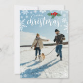 赤いホリー白い雪の結晶メリークリスマスフォト シーズンカード (正面)