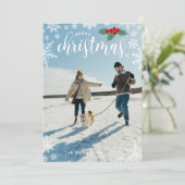 赤いホリー白い雪の結晶メリークリスマスフォト シーズンカード (スタンド正面)