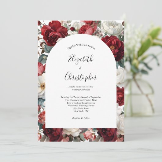 赤いホワイトウォーターのカラー花模様 エレガント 招待状 (スタンド正面)