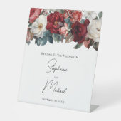 赤いホワイトウォーター色のフローラエレガントな結婚式看板 台座サイン (正面)